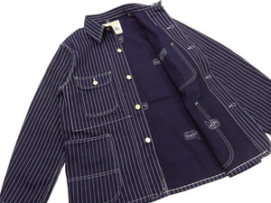 Sugar Cane Men's Vintage-Inspired 9 oz. Wabash Stripe Work Coat, 100% Cotton Indigo Fabric, Unlined Chore Jacket, Made in Japan (SC15658, Navy, 421A One-Wash)