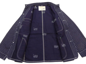 Sugar Cane Men's Vintage-Inspired 9 oz. Wabash Stripe Work Coat, 100% Cotton Indigo Fabric, Unlined Chore Jacket, Made in Japan (SC15658, Navy, 421A One-Wash)