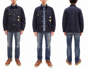 Sugar Cane Men's Vintage-Inspired 9 oz. Wabash Stripe Work Coat, 100% Cotton Indigo Fabric, Unlined Chore Jacket, Made in Japan (SC15658, Navy, 421A One-Wash)