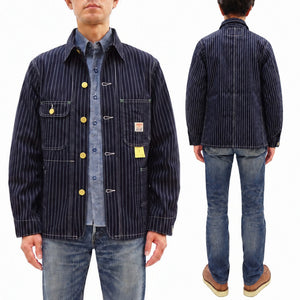 Sugar Cane Men's Vintage-Inspired 9 oz. Wabash Stripe Work Coat, 100% Cotton Indigo Fabric, Unlined Chore Jacket, Made in Japan (SC15658, Navy, 421A One-Wash)