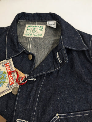 Sugar Cane Men's Vintage-Inspired 10.5 oz. Cotton and Sugarcane Fiber Denim Work Coat, Unlined Chore Jacket, Made in Japan (SC15920, 421A Indigo, One-Wash)