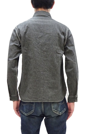 Sugar Cane Work Shirt with Vertical Hairline Code Stripe Pattern Men's Casual Jean Cord Long Sleeve Button Up Shirt SC25511 119 Black