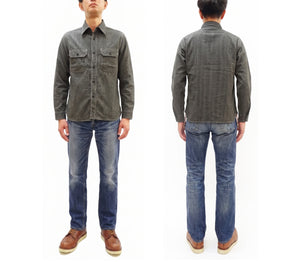 Sugar Cane Men's Jean Cord Stripe Work Shirt, 100% Cotton Long-Sleeve Button-Up Shirt, One-Wash, Made in Japan (SC25511 119 Black)