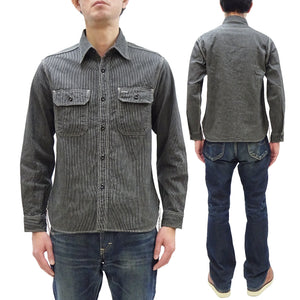 Sugar Cane Work Shirt with Vertical Hairline Code Stripe Pattern Men's Casual Jean Cord Long Sleeve Button Up Shirt SC25511 119 Black