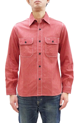 Sugar Cane Work Shirt with Vertical Hairline Code Stripe Pattern Men's Casual Jean Cord Long Sleeve Button Up Shirt SC25511 165 Red