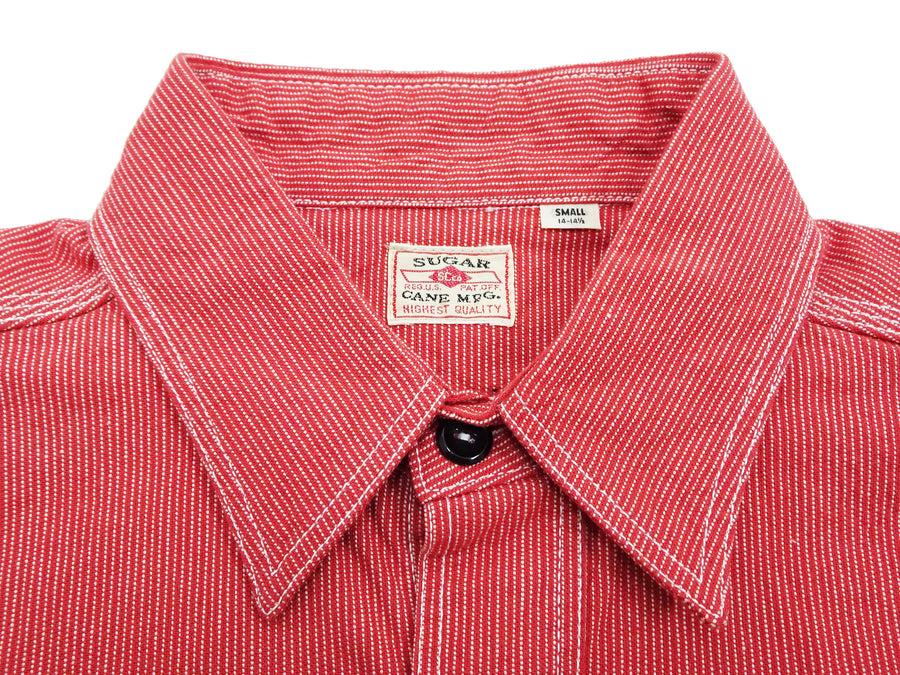 Sugar Cane Work Shirt with Vertical Hairline Code Stripe Pattern Men's Casual Jean Cord Long Sleeve Button Up Shirt SC25511 165 Red