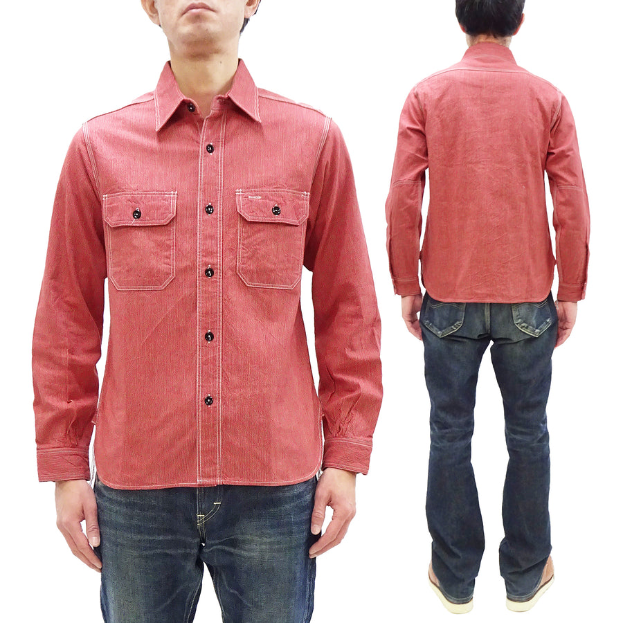 Sugar Cane Work Shirt with Vertical Hairline Code Stripe Pattern Men's Casual Jean Cord Long Sleeve Button Up Shirt SC25511 165 Red