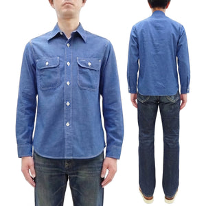 Sugar Cane Men's Long Sleeve VAT-Dyed Solid Chambray Work Shirt, Vintage-Inspired, One-Wash, Made in Japan (SC25513 125 Blue)