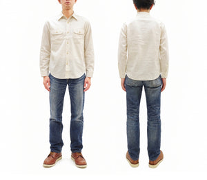 Sugar Cane Men's Off-White Chambray Long-Sleeve Work Shirt, 1950s-Inspired American Workwear Design, 100% Cotton, One-Wash, Made in Japan (SC27851 401A Ecru-Toned Off-White)