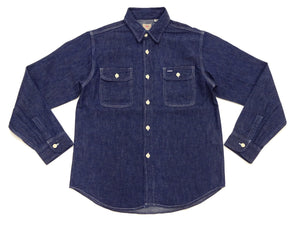 Sugar Cane Men's Blue Denim Work Shirt, 9 oz. Cotton Long-Sleeve Button-Up Shirt, Made in Japan (SC27852 421A One Wash)