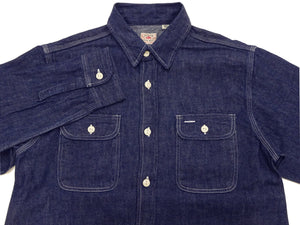Sugar Cane Men's Blue Denim Work Shirt, 9 oz. Cotton Long-Sleeve Button-Up Shirt, Made in Japan (SC27852 421A One Wash)