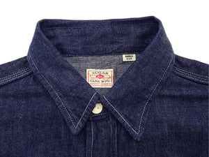 Sugar Cane Men's Blue Denim Work Shirt, 9 oz. Cotton Long-Sleeve Button-Up Shirt, Made in Japan (SC27852 421A One Wash)