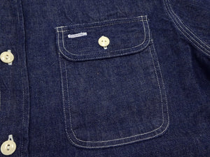 Sugar Cane Men's Blue Denim Work Shirt, 9 oz. Cotton Long-Sleeve Button-Up Shirt, Made in Japan (SC27852 421A One Wash)