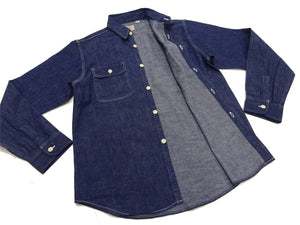 Sugar Cane Men's Blue Denim Work Shirt, 9 oz. Cotton Long-Sleeve Button-Up Shirt, Made in Japan (SC27852 421A One Wash)