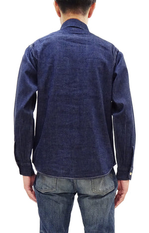 Sugar Cane Men's Blue Denim Work Shirt, 9 oz. Cotton Long-Sleeve Button-Up Shirt, Made in Japan (SC27852 421A One Wash)