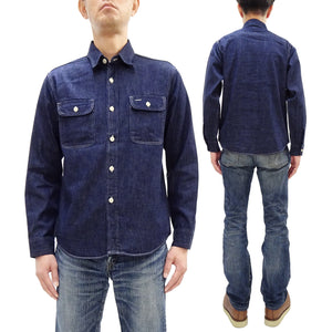 Sugar Cane Men's Blue Denim Work Shirt, 9 oz. Cotton Long-Sleeve Button-Up Shirt, Made in Japan (SC27852 421A One Wash)