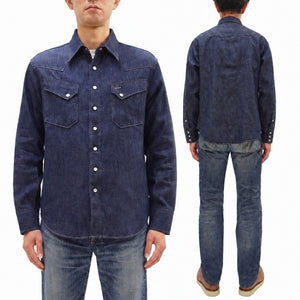 Sugar Cane Men's Vintage-Inspired Long-Sleeve Denim Western Shirt, Approx. 8 oz. 100% Cotton, Snap Front, One-Wash, Made in Japan (SC28190, 421A Dark Indigo)