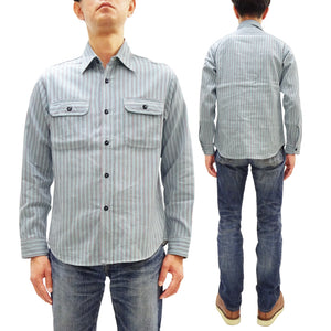 Sugar Cane Men's Dobby Stripe Work Shirt, 100% Cotton Long-Sleeve Button-Up Shirt, One-Wash, Made in Japan (SC29146 125 Blue)