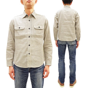 Sugar Cane Men's Dobby Stripe Work Shirt, 100% Cotton Long-Sleeve Button-Up Shirt, One-Wash, Made in Japan (SC29146 105 Off White)