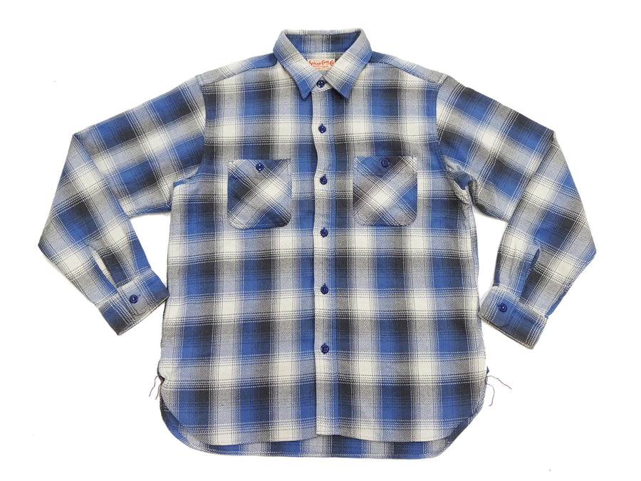 Sugar Cane Ombre Plaid Shirt Men's Mediumweight Cotton Twill Long Sleeve Button Up Work Shirt SC29150 125 Blue