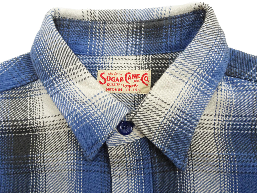 Sugar Cane Ombre Plaid Shirt Men's Mediumweight Cotton Twill Long Sleeve Button Up Work Shirt SC29150 125 Blue