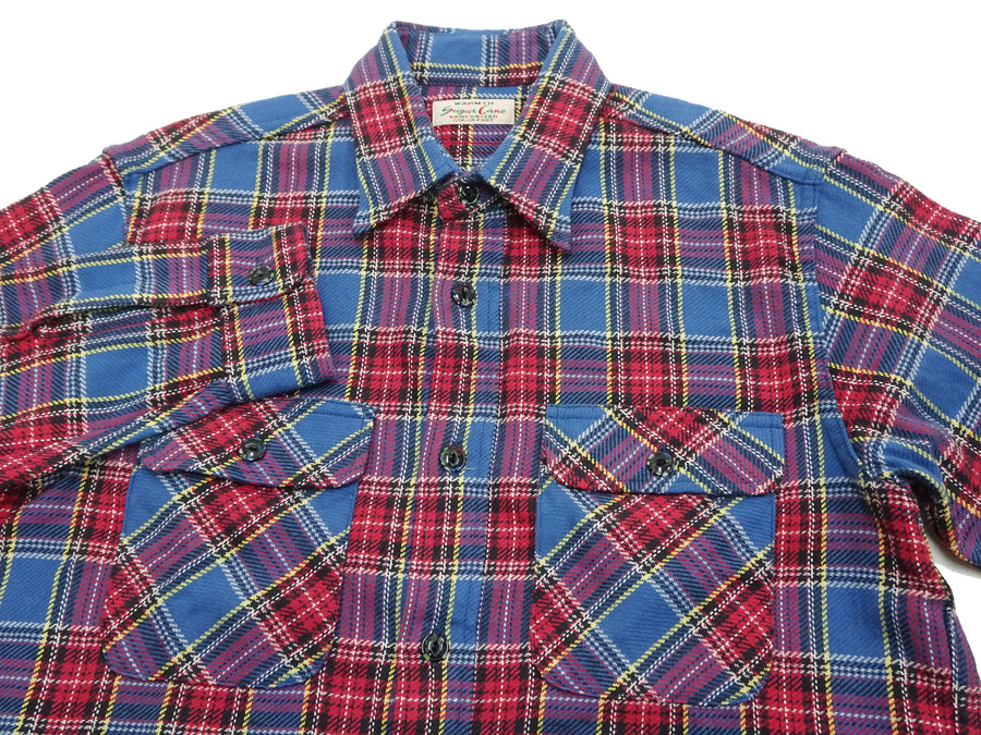Sugar Cane Plaid Shirt Men's Heavyweight Cotton Twill Long Sleeve Button Up Work Shirt SC29158 125 Blue