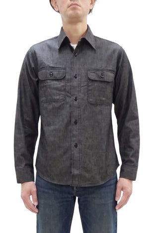 Sugar Cane Men's Black Chambray Work Shirt, Long-Sleeve Cotton Button-Up Shirt, Made in Japan (SC29159, 411A Black, One-Wash)