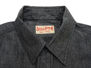 Sugar Cane Men's Black Chambray Work Shirt, Long-Sleeve Cotton Button-Up Shirt, Made in Japan (SC29159, 411A Black, One-Wash)
