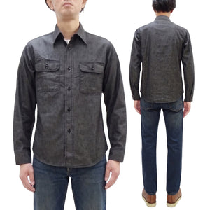 Sugar Cane Men's Black Chambray Work Shirt, Long-Sleeve Cotton Button-Up Shirt, Made in Japan (SC29159, 411A Black, One-Wash)