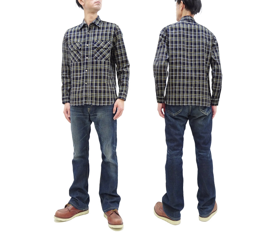 Sugar Cane Indigo Plaid Shirt Men's Medium-Weight Long Sleeve Button Up Work Shirt SC29183 421 One-Wash