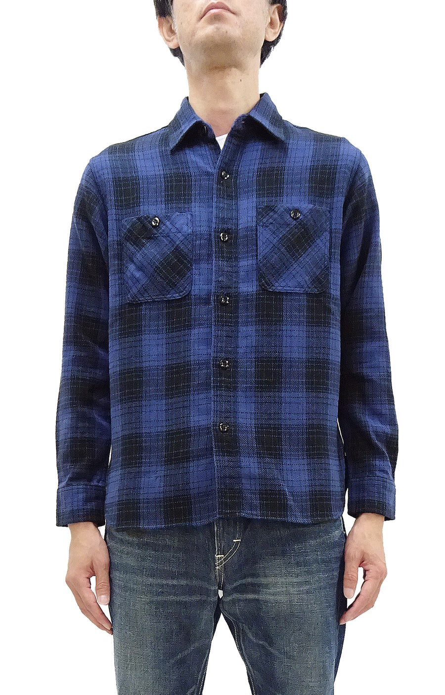 Sugar Cane Plaid Shirt Men's Mediumweight Cotton Twill Long Sleeve Button Up Work Shirt SC29358 128Navy-Blue