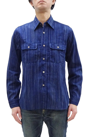 Sugar Cane Indigo Stripe Shirt Men's Japanese Kasuri Style Long Sleeve Button Up Work Shirt Fiction Romance SC29396 421A) Navy-Blue