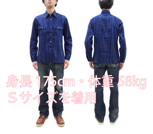 Sugar Cane Indigo Stripe Shirt Men's Japanese Kasuri Style Long Sleeve Button Up Work Shirt Fiction Romance SC29396 421A) Navy-Blue