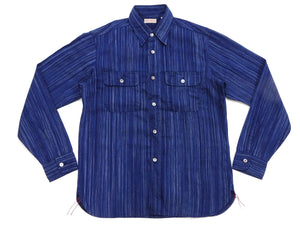 Sugar Cane Indigo Stripe Shirt Men's Japanese Kasuri Style Long Sleeve Button Up Work Shirt Fiction Romance SC29396 421A) Navy-Blue