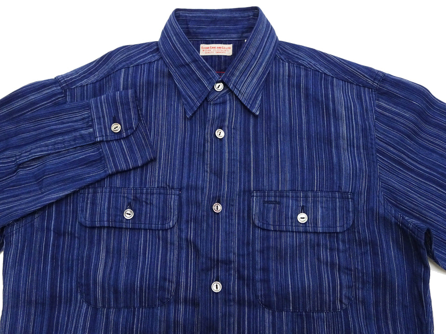 Sugar Cane Indigo Stripe Shirt Men's Japanese Kasuri Style Long Sleeve Button Up Work Shirt Fiction Romance SC29396 421A) Navy-Blue