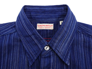 Sugar Cane Indigo Stripe Shirt Men's Japanese Kasuri Style Long Sleeve Button Up Work Shirt Fiction Romance SC29396 421A) Navy-Blue