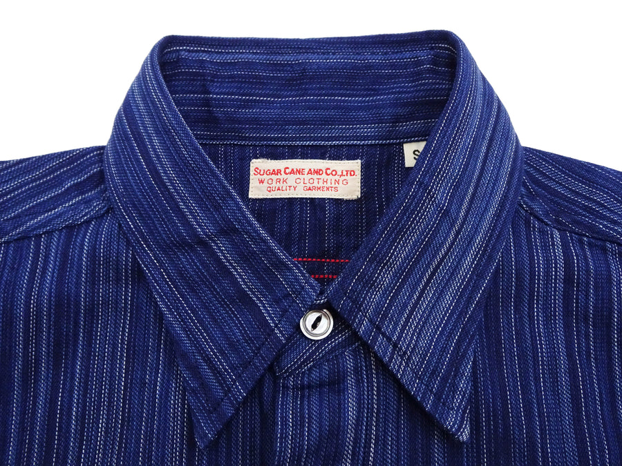 Sugar Cane Indigo Stripe Shirt Men's Japanese Kasuri Style Long Sleeve Button Up Work Shirt Fiction Romance SC29396 421A) Navy-Blue