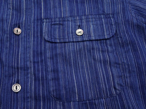 Sugar Cane Indigo Stripe Shirt Men's Japanese Kasuri Style Long Sleeve Button Up Work Shirt Fiction Romance SC29396 421A) Navy-Blue
