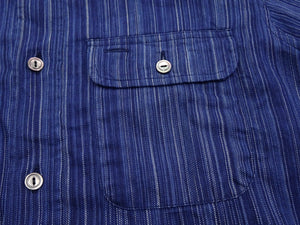 Sugar Cane Indigo Stripe Shirt Men's Japanese Kasuri Style Long Sleeve Button Up Work Shirt Fiction Romance SC29396 421A) Navy-Blue