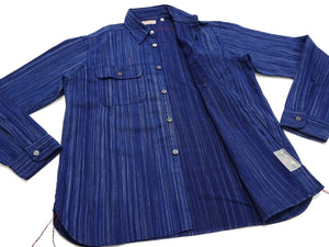 Sugar Cane Indigo Stripe Shirt Men's Japanese Kasuri Style Long Sleeve Button Up Work Shirt Fiction Romance SC29396 421A) Navy-Blue