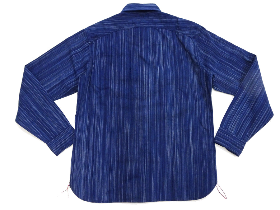 Sugar Cane Indigo Stripe Shirt Men's Japanese Kasuri Style Long Sleeve Button Up Work Shirt Fiction Romance SC29396 421A) Navy-Blue