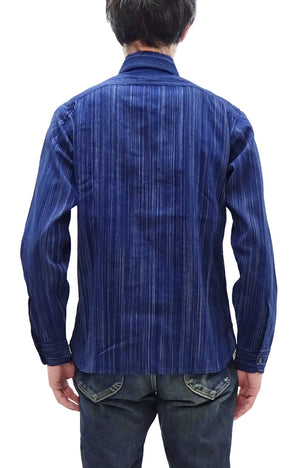 Sugar Cane Indigo Stripe Shirt Men's Japanese Kasuri Style Long Sleeve Button Up Work Shirt Fiction Romance SC29396 421A) Navy-Blue