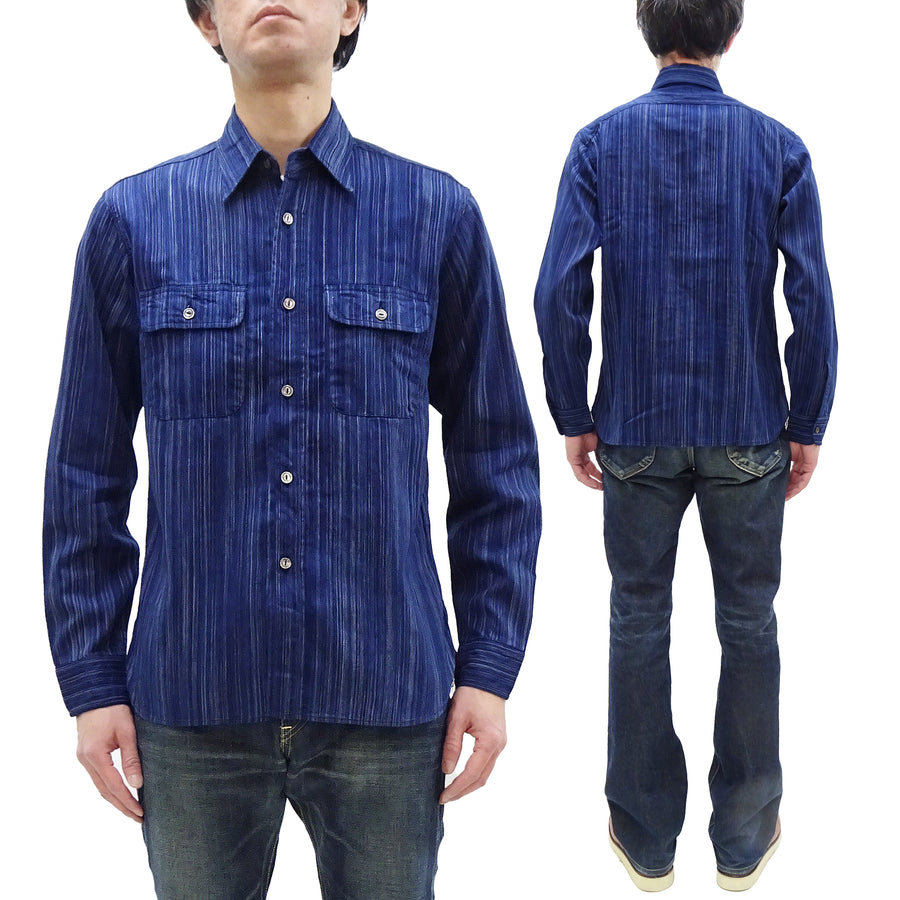 Sugar Cane Indigo Stripe Shirt Men's Japanese Kasuri Style Long Sleeve Button Up Work Shirt Fiction Romance SC29396 421A) Navy-Blue