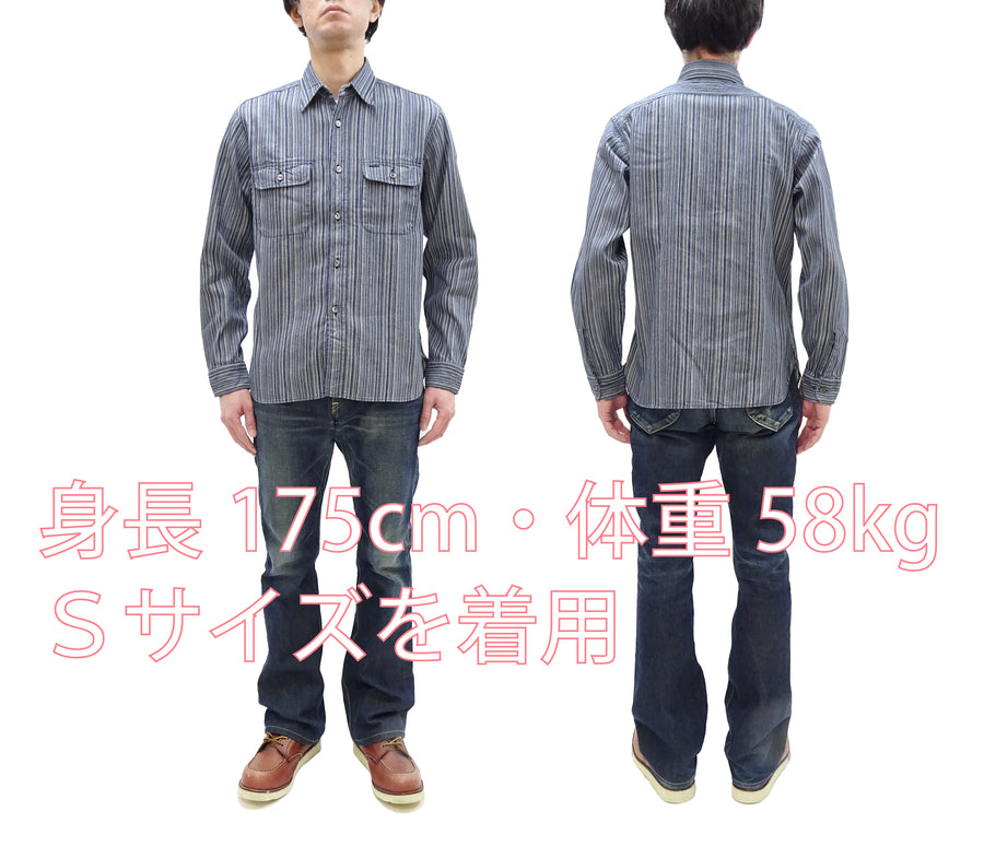 Sugar Cane Indigo Stripe Shirt Men's Japanese Kasuri Style Long Sleeve Button Up Work Shirt Fiction Romance SC29396 401A) Off-White