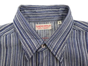 Sugar Cane Indigo Stripe Shirt Men's Japanese Kasuri Style Long Sleeve Button Up Work Shirt Fiction Romance SC29396 401A) Off-White