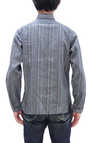 Sugar Cane Indigo Stripe Shirt Men's Japanese Kasuri Style Long Sleeve Button Up Work Shirt Fiction Romance SC29396 401A) Off-White