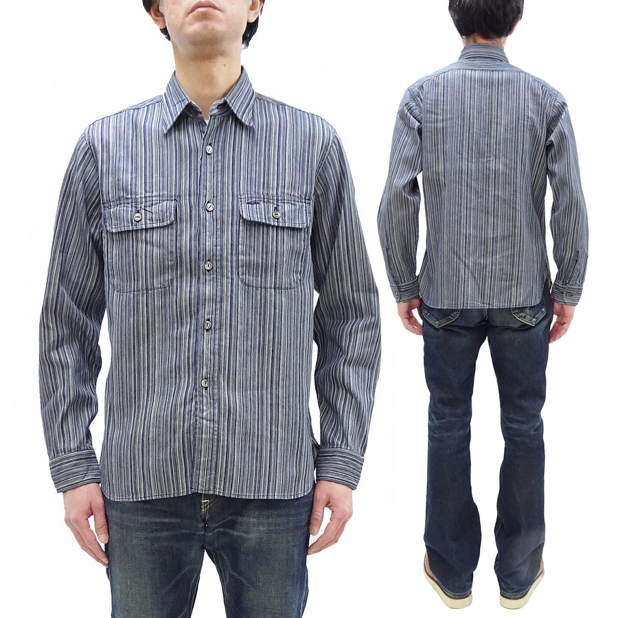 Sugar Cane Indigo Stripe Shirt Men's Japanese Kasuri Style Long Sleeve Button Up Work Shirt Fiction Romance SC29396 401A) Off-White