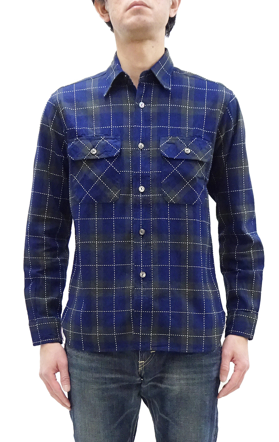 Sugar Cane Indigo Plaid Shirt Men's Japanese Style Sashiko Long Sleeve Button Up Work Shirt Fiction Romance SC29397