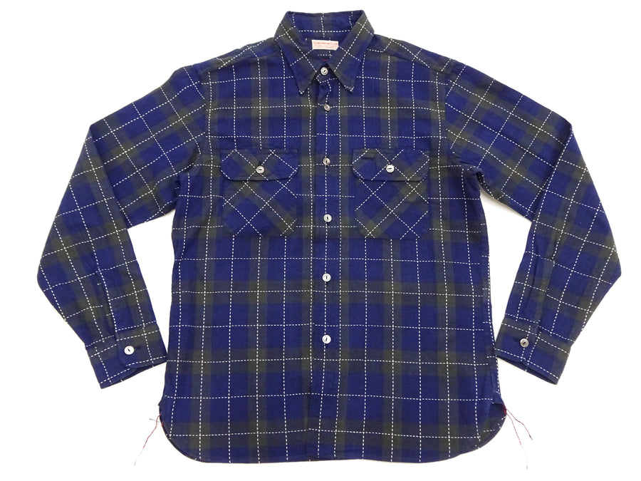 Sugar Cane Indigo Plaid Shirt Men's Japanese Style Sashiko Long Sleeve Button Up Work Shirt Fiction Romance SC29397