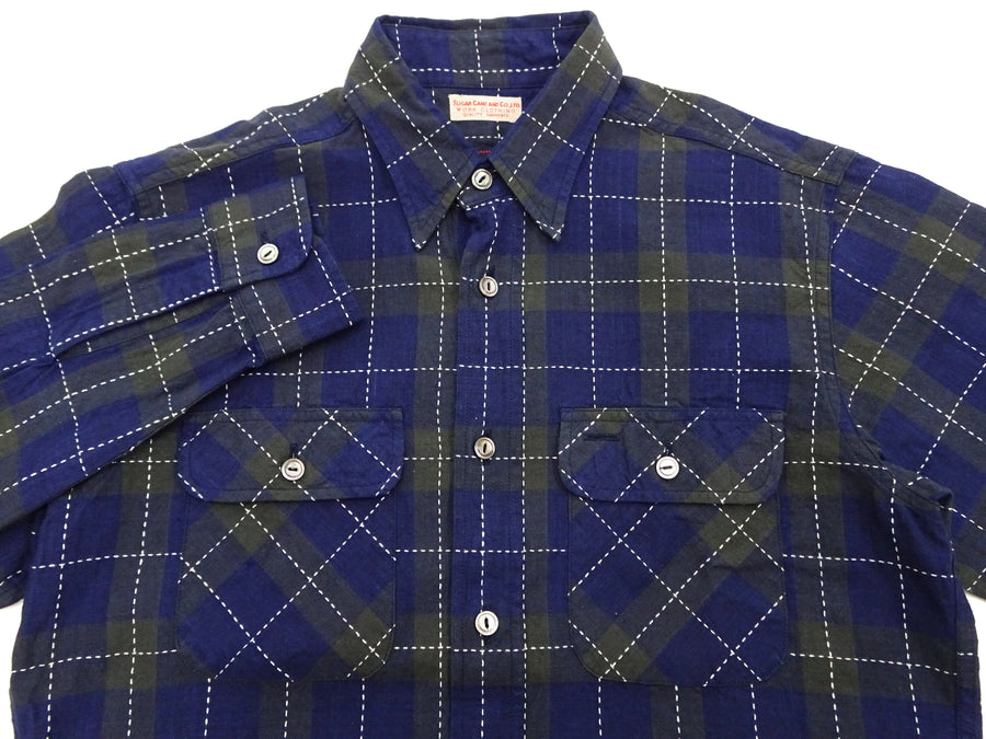 Sugar Cane Indigo Plaid Shirt Men's Japanese Style Sashiko Long Sleeve Button Up Work Shirt Fiction Romance SC29397